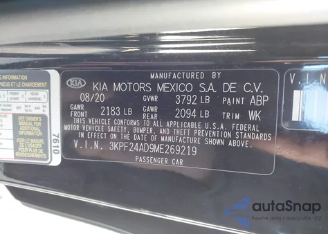2021 Kia Forte Lxs z USA, uszkodzony, nr VIN 3KPF24AD9ME269219